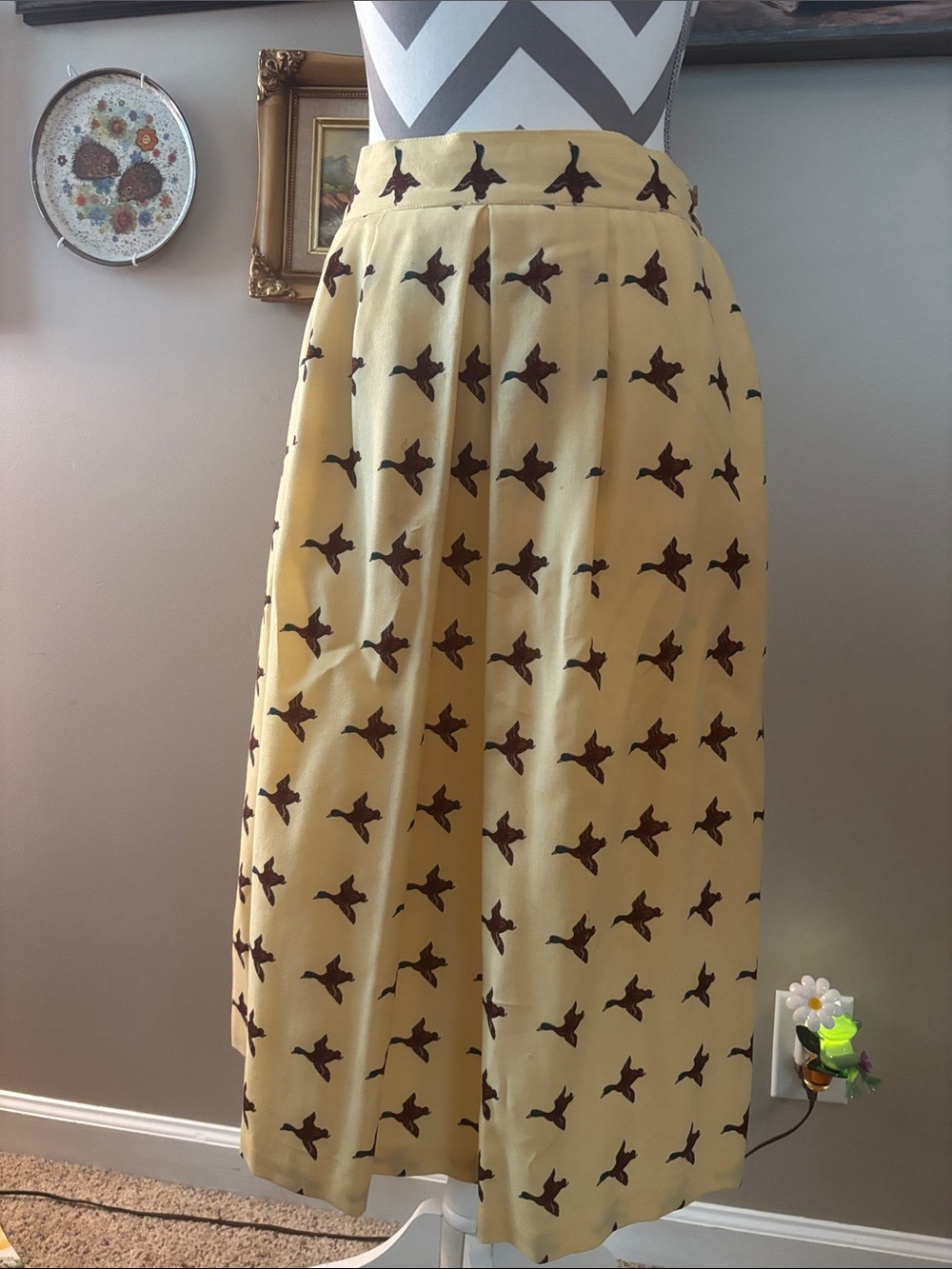 VINTAGE! Yellow Midi Skirt with Brown Bird Print
